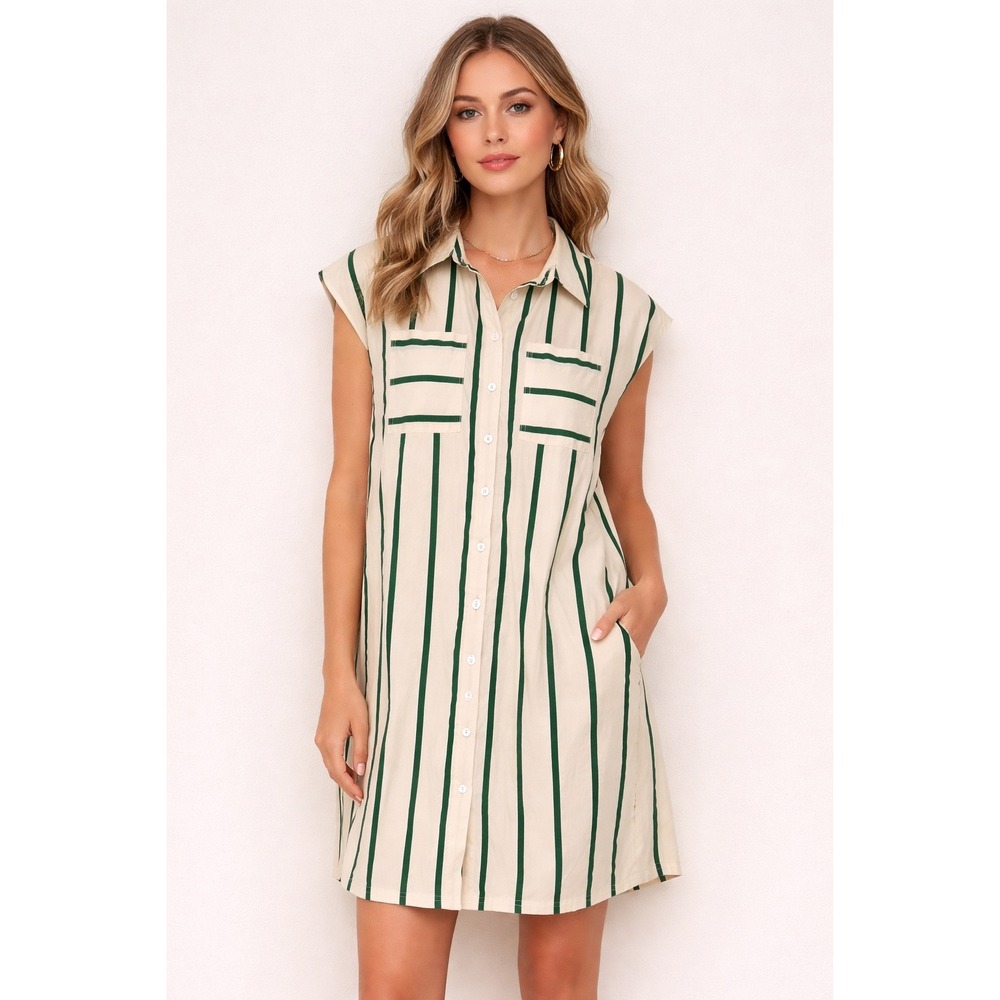 FRNCH Emie Shirt‎ Dress Green and White Stripes Straight Fit Cap Sleeves Large